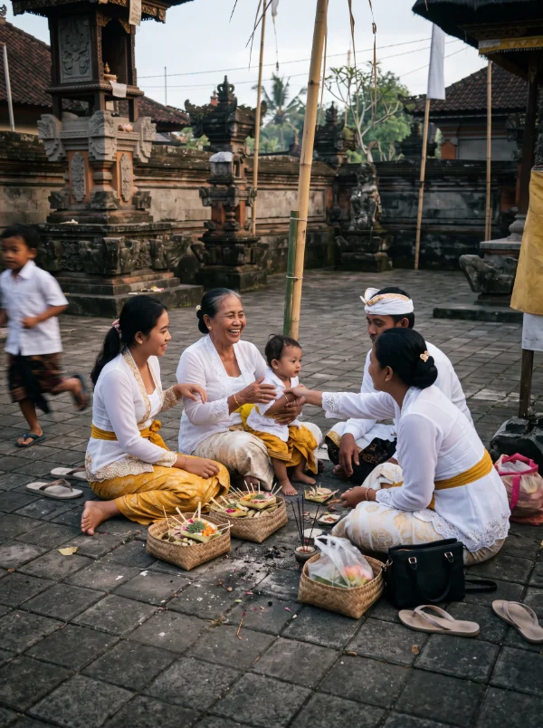 Three generations together at the temple on Galungan morning